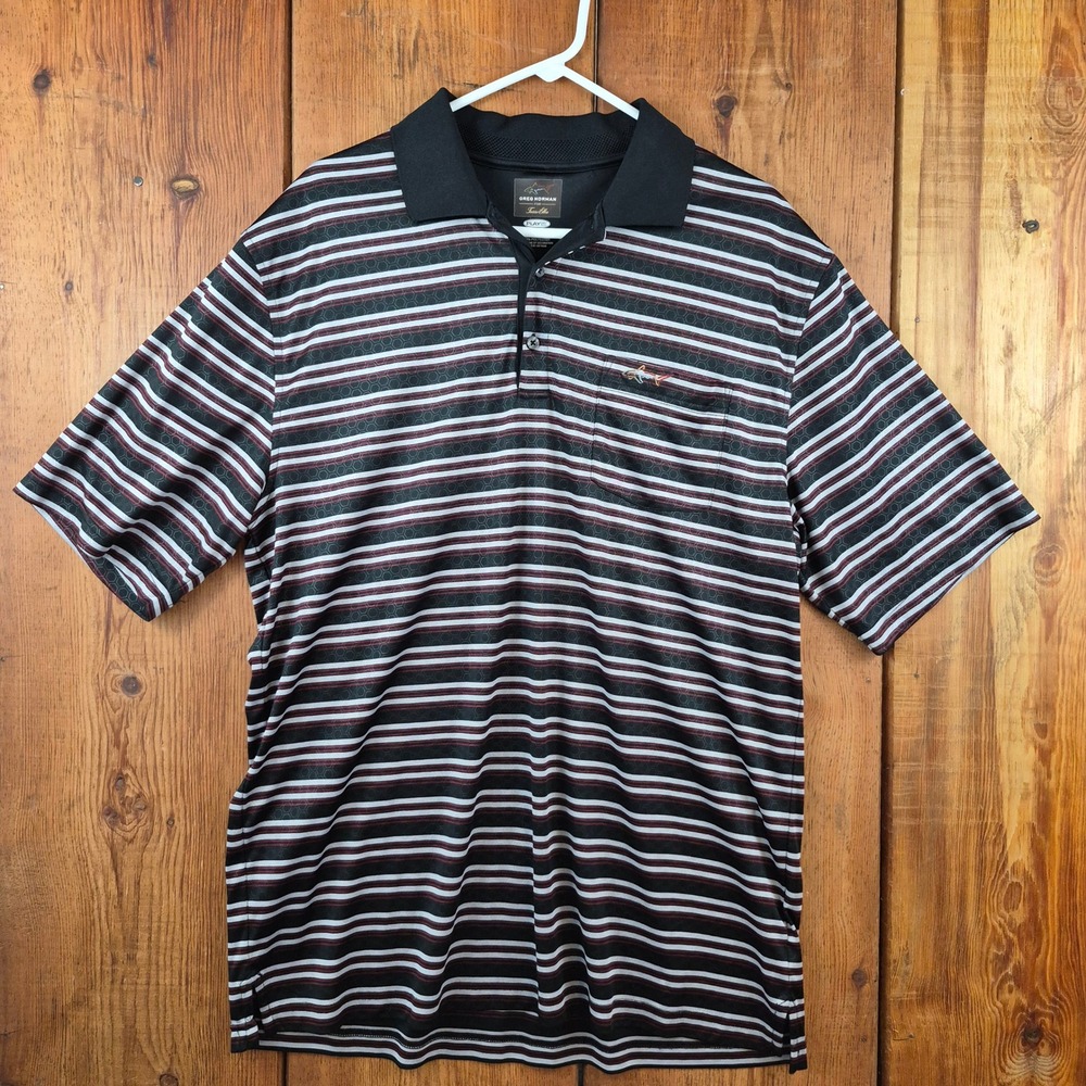 Greg Norman Tasso Elba Mens XL Polo Shirt Black Red Striped Play Dry Golf Top